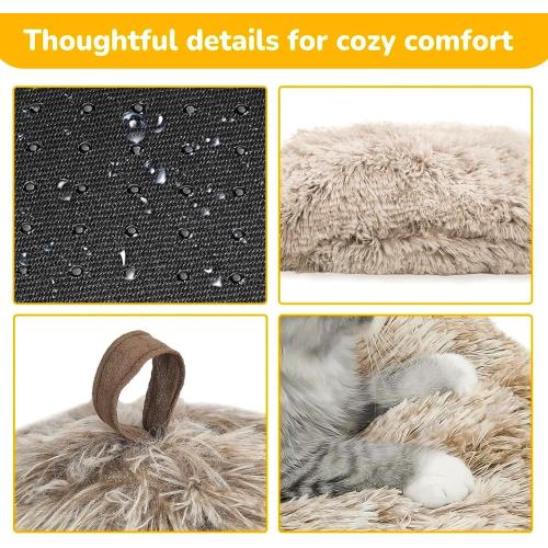 CATISM Cat Bed, Cat Cave for Indoor Cats, Soft Cat Dome, Self-Warming 2 in 1 Foldable Pet Cat House with Washable Cushioned Pillow Calming Fluffy Dog Beds for Small Dogs with Anti-Slip Bottom Brown