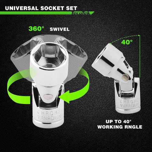 17-Piece 3/8-Inch Drive Universal Joint Socket Set, Swivel Socket Set, 6-Point, SAE (3/8 to 3/4) and Metric (10mm to 19mm), CR-V, Universal Flex Socket for Easier Access to Tight Spaces