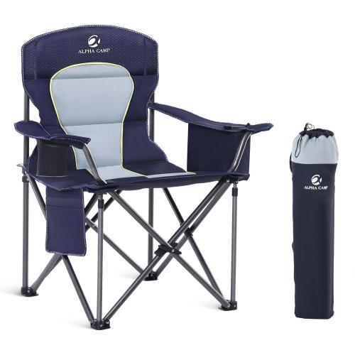 GREEN PARTY Folding Camping Chair Oversized Heavy Duty Lawn Chair with Cooler Bag, Cup Holder, Storage Pocket, Collapsible Padded Outdoor Arm Chair, Quad Lumbar