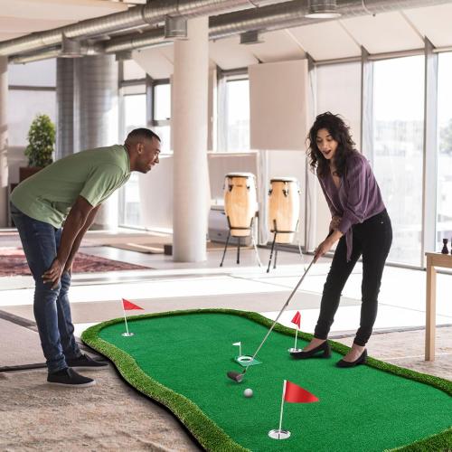 Golf Putting Green Indoor Outdoor Putting matt Professional Training Mat Practice Putting Mat with 3 Flags 1 Movable Cup 2 Slope Pad 5x10ft