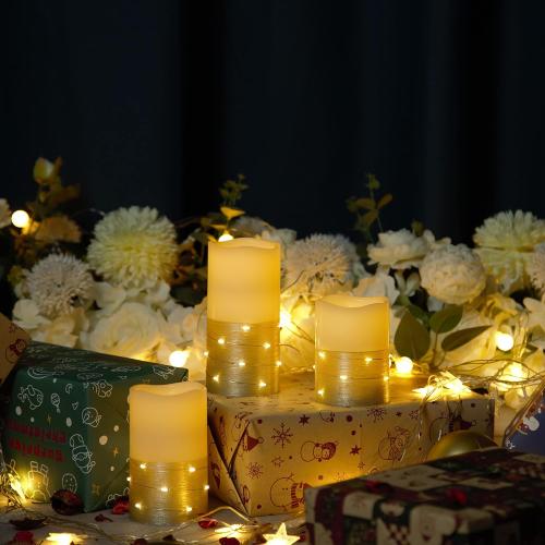 H-BLOSSOM Flickering Flameless Candles Ivory Real Wax Pillar with Embedded String Lights LED Candles Battery Operated with 10 Key Remote and Cycling 5H Timer Set of 3 (3 x 4/5/6) (Gold)