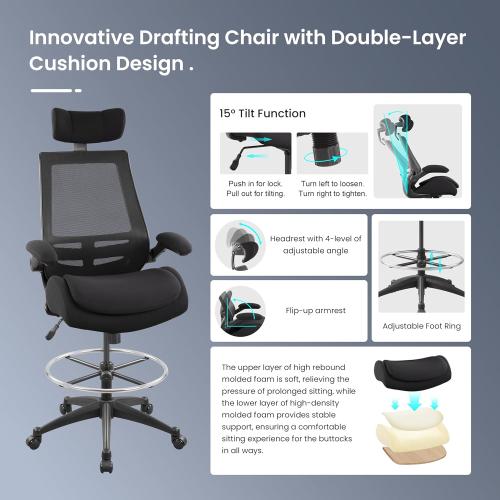 BOLISS 400lbs High Back Computer Office Drafting Chair Double Seat-Cushion Flip up Armrests Lumbar Support Adjustable Big Footrest Ring (Black)