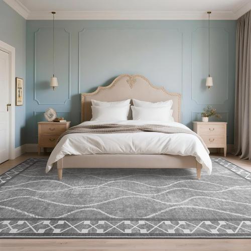 DweIke Area Rugs for Living Room, Machine Washable Bordered Rug for Bedroom, Luxury Rubber Backing (Non-Slip) Low Pile Throw Carpet for Dining Room Kitchen Home Decor, Grey
