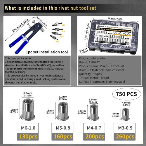 ASKWAY Rivet Nut Tool Kit Stainless Steel 750pcs Rivet Nut Stainless 304