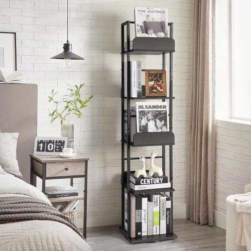 Bikoney Rotating Bookshelf, 360 Display Spinning Bookshelf Tower, 5-Tier Narrow Bookcase, Tall Industrial Book Shelf Organizer, Small Corner Book Shelves for Living Room, Black