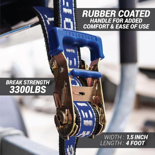 Rear TRANSOM Boat Trailer Straps Ratchet TIE Downs Strap, Made in NZ - 1.5 x 4’ Heavy Duty Rear Transom with PVC Hooks for Trailered Boats, Pontoons & Jetskis - 3,300lbs Break Strength - (Pair) Blue