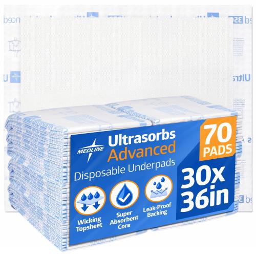 Medline Ultrasorbs Advanced Extra Strength Drypads, 30 x 36, 70 Count, Super Absorbent Disposable Pads, Incontinence Bed Pads, Chucks Bed Pads, Elderly, 350 lb Repositioning Capacity
