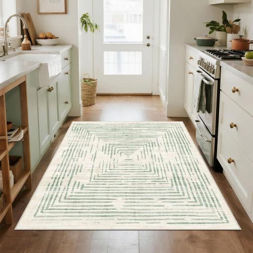 Washable Area Rug - Soft Modern Throw Rugs for Living Room Non-Slip Ultra-Thin Sage Green Lines Borderd Abstract Rugs for Bedroom Entryway Kitchen Foyer Mudroom Dorm Dining Room Carpet