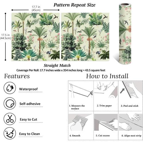 VEELIKE Vintage Tropical Peel and Stick Wallpaper Green Forest Tree Wallpaper for Nursery Bathroom Bedroom  Green Floral Contact Paper Self Adhesive Removable Botanical Wall Paper