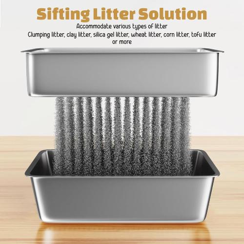 Tom & Sora Creations Stainless Steel Sifting Litter Box, Sifting Cat Litter Box for Pine Pellets and Clay Litter, Multifunctional, Low Maintenance, Odor Free, Leak Free, Enclosed, XL, Grey