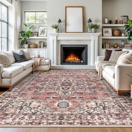 KOZYFLY Area Rug 9x12 Ft Thin Rugs for Living Room Washable Bedroom Rug Non Slip Rugs for Living Room Printed Faux Wool Vintage Bedroom Rug Floor Carpet for Dining Room, Red Salmon/Pink/Navy