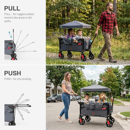 EVER ADVANCED Wagon Stroller for 2 Kids, Compact One-Step Fold Stroller Wagon with Adjustable Push/Pull Handles, Folding Wagon for Travel, Park & Beach, Includes Removable UV Canopy, Grey