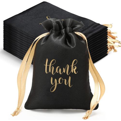 Sieral 50 Pcs Thank You Satin Gift Bags Bulk, Black, Gold, 5 x 7 Inch