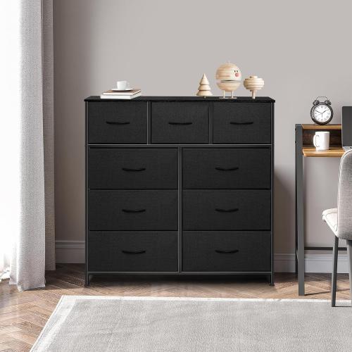 Color white Dresser for Bedroom with 9 Drawers, Chest of Drawers, Storage Drawers Organizer Unit, Black Wide Fabric Dresser with Fabric Bins for Closet, Living Room, Entryway