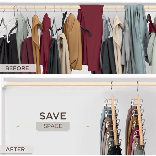 MORALVE Skirt Hangers Space Saving with Clips - 2 Pack - European Beechwood 5-Tier Hanger for Shorts, Skirts, and Pants - Closet Organizer and Storage Solution for Women with 360° Swivel Hook