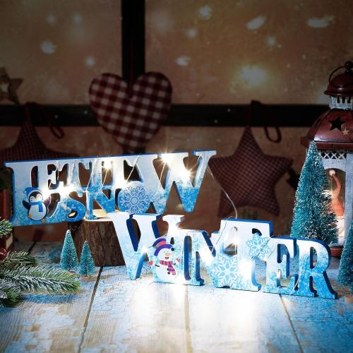Jetec 2 Pieces Winter LED Snow Tabletop Centerpiece Table Snowflake Snowmen Wooden Sign Lighted Ornament for Snowflake Tiered Tray Decor Wonderland Christmas Party(Blue, White)