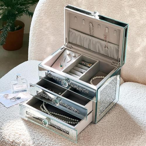 Mirrored Jewelry Box,3-Layer 2 Drawers Glass Jewerly Organizer with Lid,Necklace Ring Earring Storage Boxes,Silver Crushed Diamond Home Decor,Gift Idea