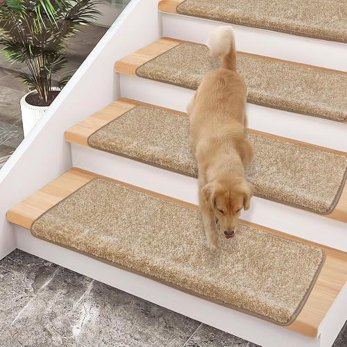 Bullnose Carpet Stair Treads 30x9.5,14 Pcs Non-Slip Peel and Stick for Wooden Steps Indoor with Edge Protection, Pet and Kid Friendly, Stair Runner Rugs (Beige)
