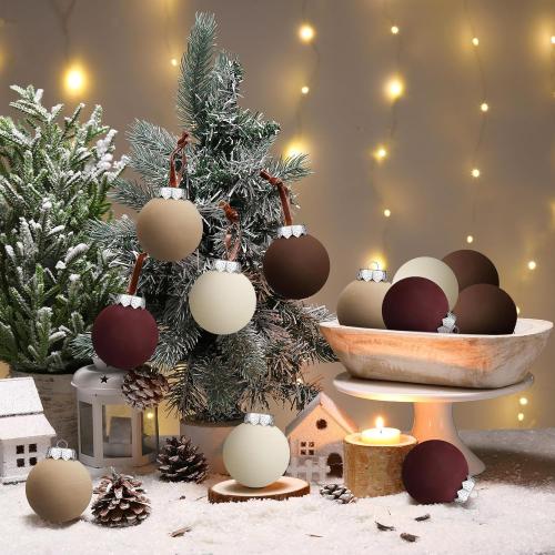 12 Pcs Neutral Matte Christmas Ball Ornaments 2.4 Inch Rustic Boho Burgundy Brown Camel Cream Xmas Bulbs Ornament Vintage Xmas Baubles Modern Christmas Decor for Tree Farmhouse Decor
