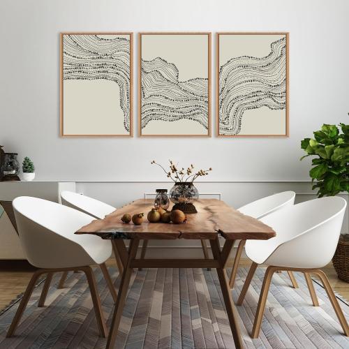 Size 16x24x3 Neutral Abstract Framed Canvas Wall Art Set, Black Beige Wave Line Wall Decor, Large Minimalist Painting, Modern Geometric Art Print for Living Room, Bedroom, Dinning Room, Office - 16x24x3
