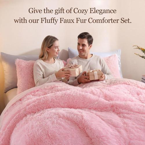 Smoofy Fluffy Full Size Comforter Set, Faux Fur Pink Comforter Set, Luxury Fuzzy Bedding Set, Soft Shaggy Full Bed Set for All Season, 3 Pieces - 1 Comforter & 2 Pillowcases