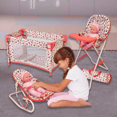 Floral Baby Doll Accessories Set, 3-1 Baby Doll Crib, Baby Doll High Chair & Bouncer Seat. 18 inch Doll Accessories with Doll Bed. 18 Dolls Furniture Play Stuff. Toys for Girls Ages 3-5,4-6,5-7,8-10