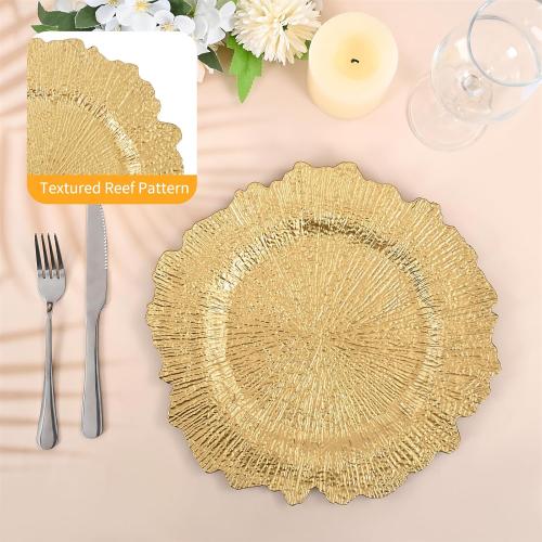 50 Pcs Gold Charger Plates Bulk, 13 Reef Plate Chargers for Dinner Plates, Plastic Floral Decorative Plates for Table Setting, Round Table Chargers for Wedding, Christmas, Party, Event, Decoration