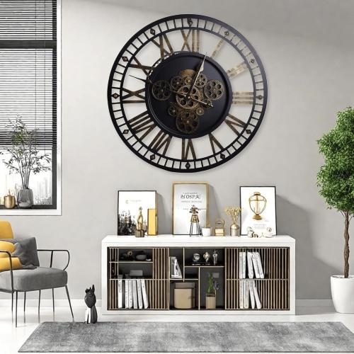 24 Inch Large Digital Wall Clock with Real Moving Gears-Round Silent Vintage Industrial Metal Farmhouse Clock for Bedroom, Battery Operated, Roman Numeral, Golden