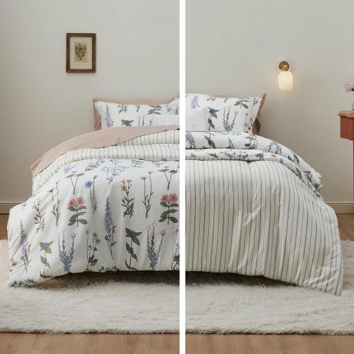 Bedsure Floral Comforter Twin Size, White Breathable Cute Bedding 2 Pcs