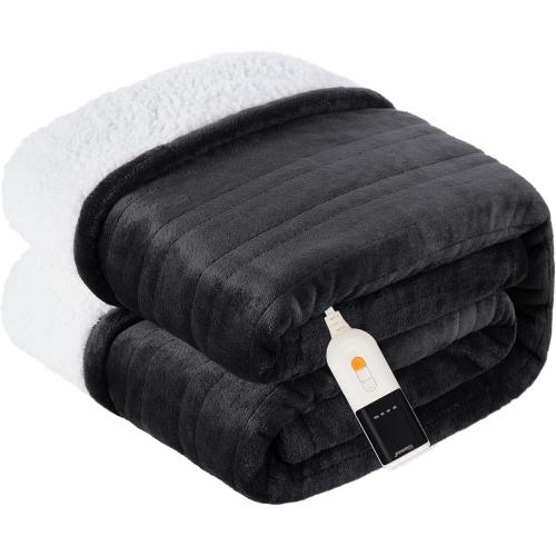 Heated Blanket Electric Blanket King Size Soft Flannel Sherpa, 6 Heat Levels Fast Heating, 2 to 10 Hours Auto-Off Detachable Controller Machine Washable, Grey 100x90