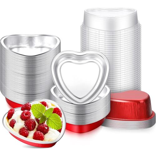 Yinkin 50 Set 9 oz Heart Shaped Aluminum Cake Pan with Lid Disposable Heart Foil Tin Pans Cupcake Liners Muffin Tins for Mother's Day Wedding Bridal Shower Baking Supplies (Red)