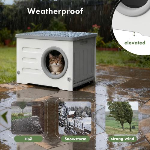 Outdoor Feral Cat House Weatherproof with Cushion (Grey and White) | Heavy-duty Plastic,Elevated Stackable Structure,Insulated Outdoor Cat Shelter,All-season Indoor Use,Ideal for Yard,Porch Barn