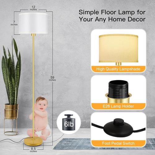 BoostArea Gold Floor Lamp, 58 Bedroom Floor Lamp with White Linen Shade, Foot Pedal Switch, Samll Freestanding Lamp(Bulb Not Included) Bright Corner Reading Standing Lamps for Living Room, Office