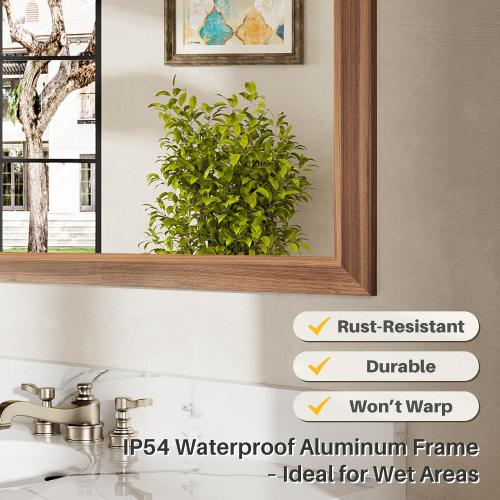 28x36 Inch Bathroom Mirror for Wall, Anti-Rust Walnut Wood Grain Metal Framed Bathroom Mirrors for Over Sink,Rectangler Mirrors for Bathroom Vanity, Farmhouse, Bedroom, Living Room, Entryway Decor