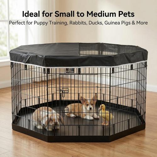 PJYuCien Dog Playpen with Top Cover and Bottom Pad - Metal Foldable Exercise Pen, 8 Panels 36 H x 24 W Indoor Outdoor Pet Fence Puppy Crate Kennel, Black
