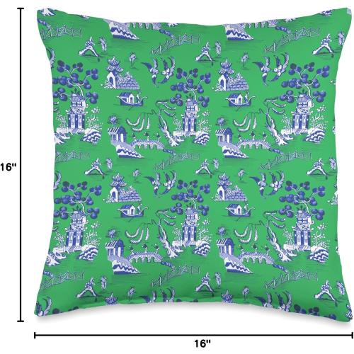 Preppy Blue and Green Willow Pattern Chinoiserie Toile Throw Pillow