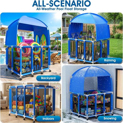 Pool Float Storage with Canopy,Pool Storage Bin XXX-Large,Outdoor Pool Toy Storage Organizer for Pool, Floats & Balls, Outdoor Pool Toy Storage with Rolling Cart for Swimming Equipments