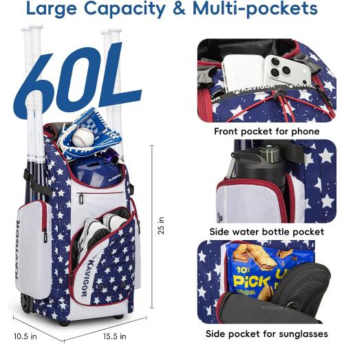 KAVIGOR Rolling Baseball Bag with Wheels, 60L Capacity Softball Bag Holds 4 Bats for Boys and Girls, Youth Equipment Bag with Shoe Compartment