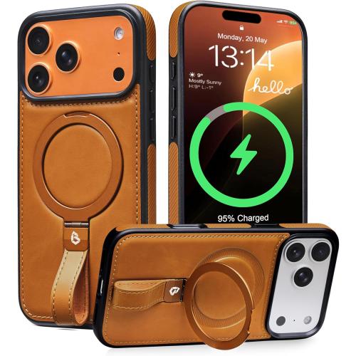 Butaiga for iPhone 17 Pro Leather Case with Stand, Anti-Slip Grip Ring, Fits for MagSafe (Brown, iPhone 17 Pro)