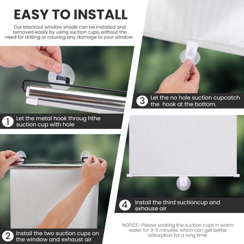 No Drilling Retractable Roller Window Shades W/3 Suction Cups, Black Blackout Blind Shade Temporary Cover Curtain for Home Bedroom Car (49.21 L×22.83 W, Silver Coating)