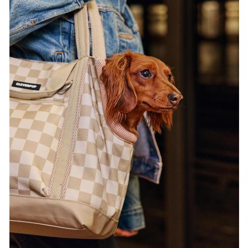 CLEVERPUP Transit & Treat Bundle - Premium 4-Piece Transit Tote Dog Carrier in Tan Checkerboard