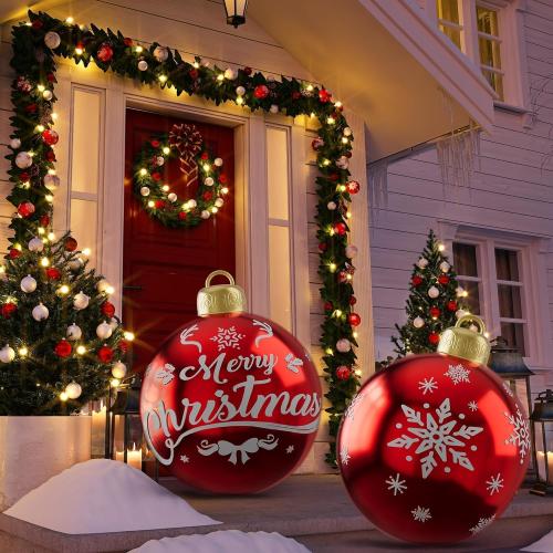 2PCS 24 Inch Christmas Inflatable Ball, PVC Giant Inflatable Ornaments Balls Red Blow up Ornament Balls, Inflatable Christmas Decorations for Outside Holiday Yard Lawn Decor(Merrychristmas Snowflake)