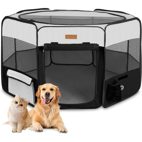 Black and Grey Dog Playpen, Portable Pet Play Pen for Cat, Puppies, Rabbits, Chickens, Foldable Large-Capacity Pet Tent for Indoor/Outdoor Travel Camping