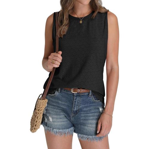 Black size Small SAMPEEL Womens Tank Tops Eyelet Loose Casual Summer Tops Crew Neck Basic Sleeveless Shirts Trendy 2025