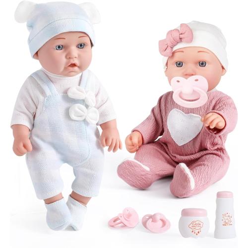 12 inches Realistic Twins Baby Doll with Clothes and Pacifiers, Boy and Girl Baby Dolls Toy Set for Toddler Girls 36 Months and Up