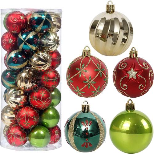 ROSELEAF 30ct 2.36 Shatterproof Christmas Tree Ornaments - Red, Green, Gold Plastic Hanging Balls - Christmas, Wedding And Engagement Occasion