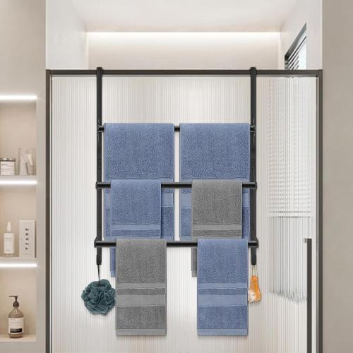 Livabber 3-Tier Over The Door Towel Rack, All Metal Towel Rack with Hooks for Door Hanging, Behind Door Towel Bar Towel Storage Holder for Bathroom Accessories, Black (19.37 L x 5.9 W x 24.4 H)