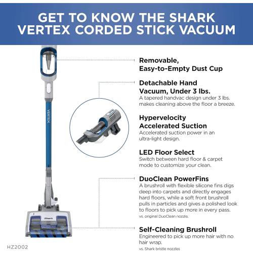 Shark | Corded Stick Vacuum Cleaner | Vertex Ultralight | Removable Handheld Vacuum | Pet Hair Vacuum for Carpet and Hard Floor | Powerful Suction | No Hair Wrap | 3 Attachments Included | HZ2002
