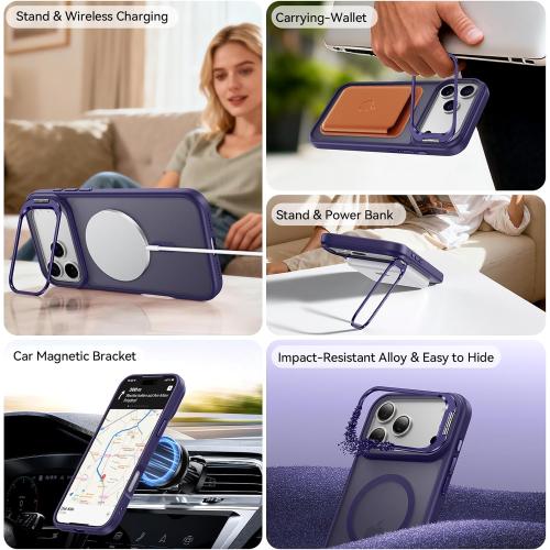 for iPhone 17 Pro Max Case with Stash Lens Stand and 9H Screen Protector, Compatible with MagSafe, Military-Grade Drop Protection Phone Case for iPhone 17 Pro Max, 360° Full Protection, Purple
