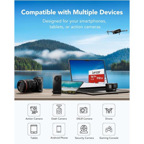 Lexar E-Series 512GB Micro SD Card, microSDXC UHS-I Flash Memory Card with Adapter, 100MB/s, C10, U3, A1, V30, Full HD, 4K UHD, High Speed TF Card